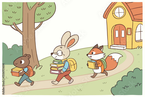 "Cute cartoon animals going back to school with books and backpacks"