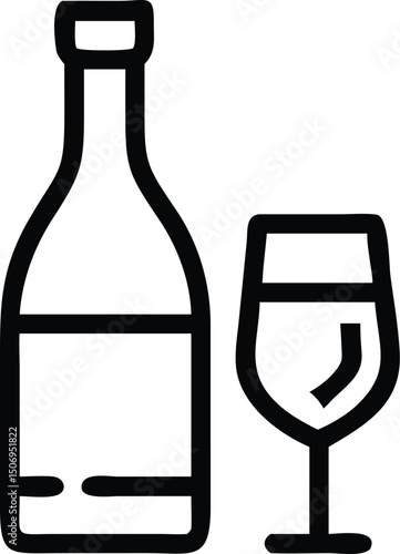 A simple black line art depicts a bottle and wineglass in outline style