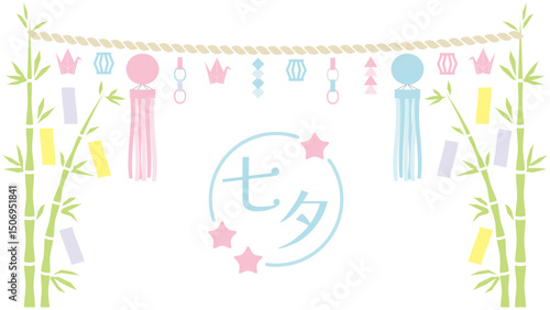Tanabata-2　七夕の背景、フレーム。七夕の飾りがついたあしらい。七夕のイベントに使えるイラスト。