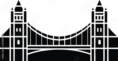 Minimalist silhouette of Tower Bridge elegantly spans a river with a transparent background