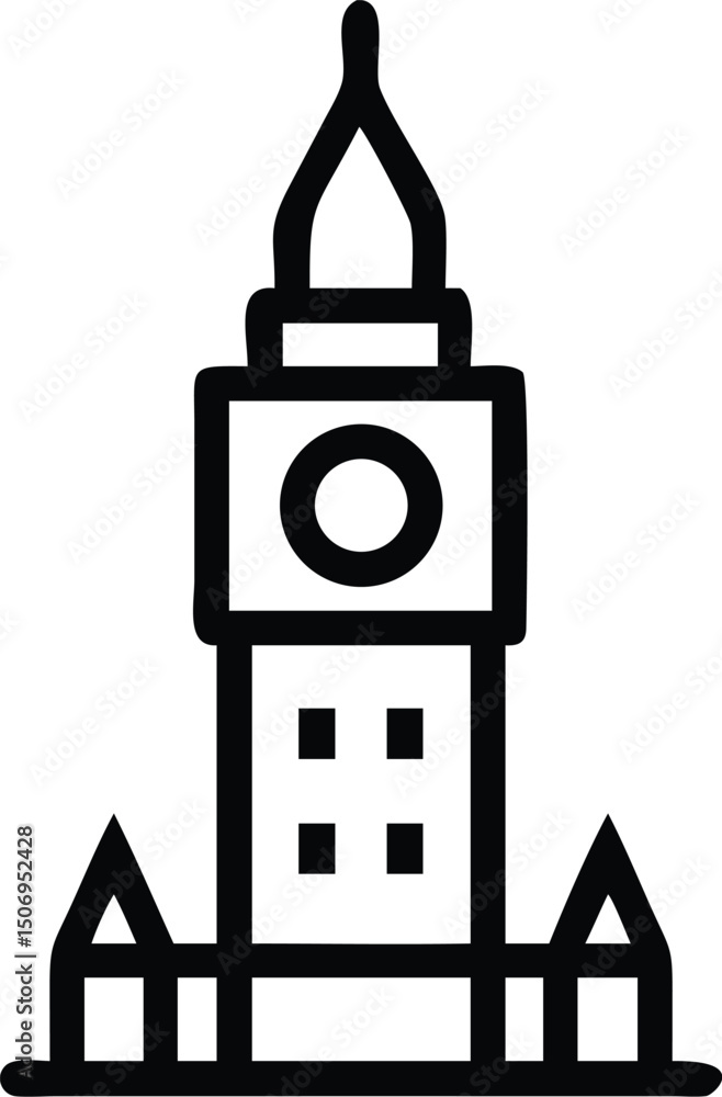 A black line icon shows a simplified clock tower design on white A black line icon shows a simplified clock tower design on white