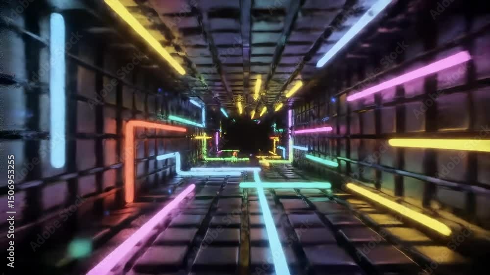 Futuristic colorful neon lines glowing in dark tunnel animation. Futuristic colorful neon lines glowing in dark tunnel animation.