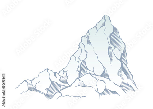 Mountain climbing route to top rock with red flag on peak. Business journey path in progress, way to success or concept of goal. Vector illustration