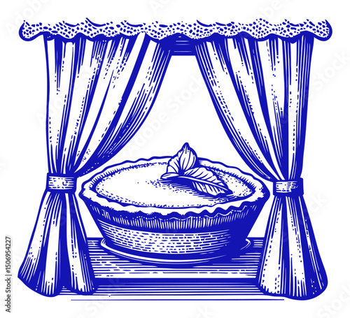 Vintage Engraved Illustration of a Pie Behind Curtains