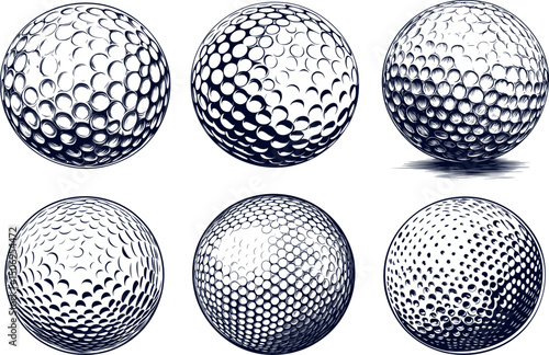 Collection of golf balls isolated on white background in different angles