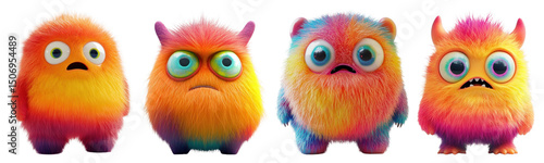 PNG Colorful fuzzy cartoon monsters, element set on transparent background