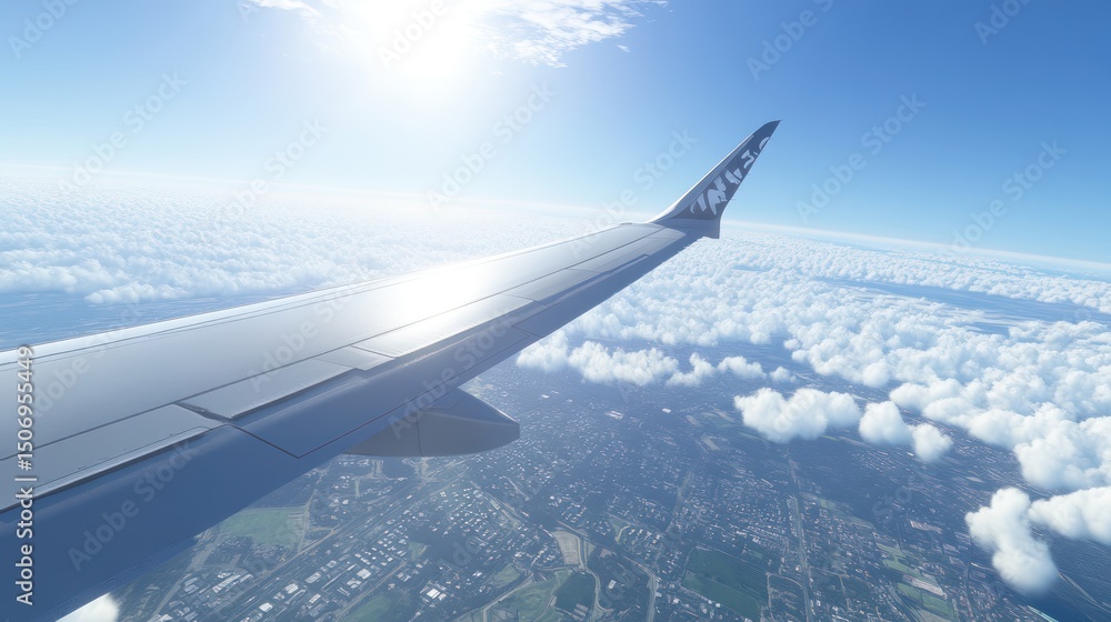 Airplane wing, sunny flight, coastal cloudscape, aerial view, travel Airplane wing, sunny flight, coastal cloudscape, aerial view, travel