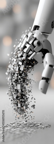 Robot Hand Transforming Into Shattered Digital Particles Over Soft Background