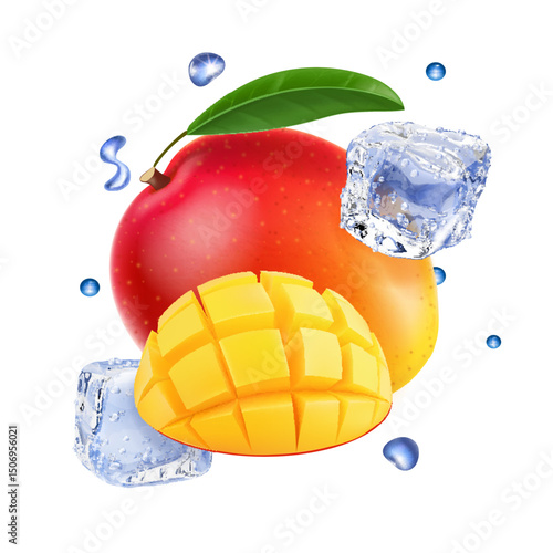 Whole and slice mango fruit with ice cubes 3D realistic isolated vector, icy cold drink, alcohol cocktail with mango