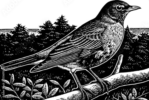 American robin black and white isolated hand drawn sketch
