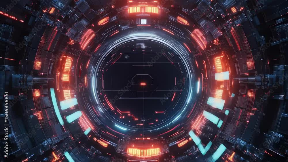 Luminous orange and blue lights revealing intricate mechanical structures surrounding circular portal opening in deep cosmic space with potential interdimensional gateway details