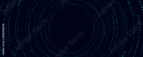 Abstract swirling circles of glowing flickering blue particles on black background. Big Data visualization into cyberspace. Futuristic frame banner. Vector illustration