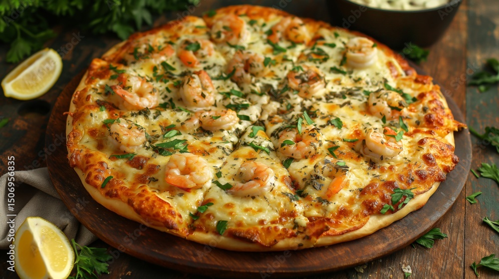 Perfectly baked pizza topped with shrimp and herbs garnished with lemon slices on a rustic wooden table Perfectly baked pizza topped with shrimp and herbs garnished with lemon slices on a rustic wooden table