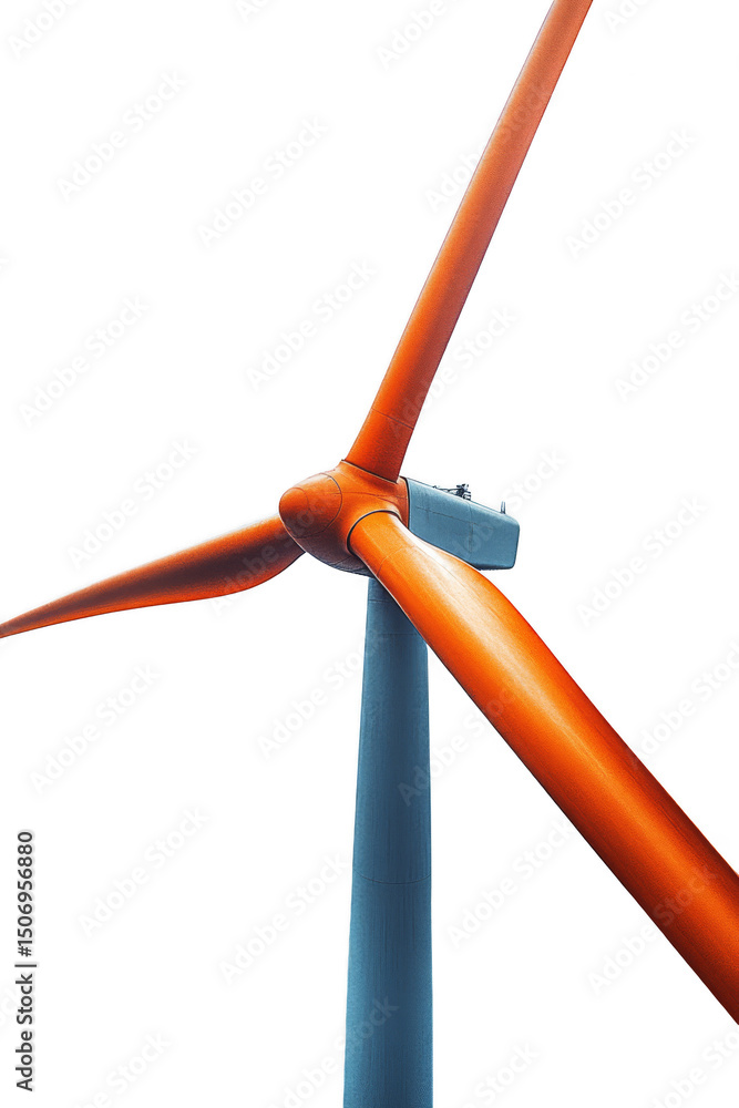 A modern wind turbine with orange blades and a blue tower, designed for generating renewable energy. A modern wind turbine with orange blades and a blue tower, designed for generating renewable energy.