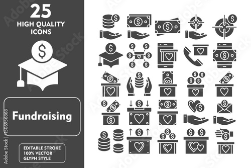 Fundraising Glyph Icon Set. Incleded Icons Contributor, Donation, Charity, Email, Coins, Fundraising, Donation, Charity, Donate, Money. Vector Icons Collection