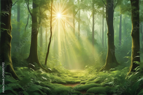 golden rays cascade through verdant tapestry of a lush woodland, casting ethereal patterns of luminescence upon enchanted forest floor	