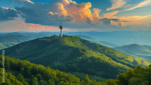  Kékestető mountain and the TV tower from Galyatető mountain. Summer landscape of the Mátra mountains in Hungary with beautiful clouds.