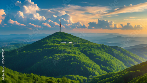  Kékestető mountain and the TV tower from Galyatető mountain. Summer landscape of the Mátra mountains in Hungary with beautiful clouds.
