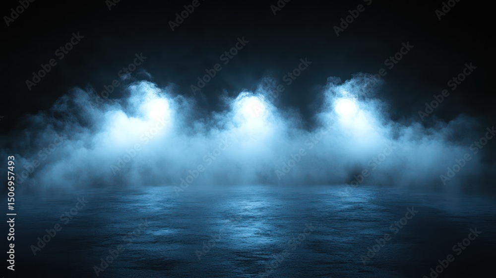 Blue neon lights illuminating fog on wet ground, dark background, ideal for cyberpunk backdrop Blue neon lights illuminating fog on wet ground, dark background, ideal for cyberpunk backdrop