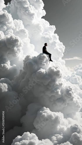 Man sitting on a cloud against a dramatic black and white sky  
