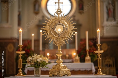 Ornate gold monstrance with lit candles in church