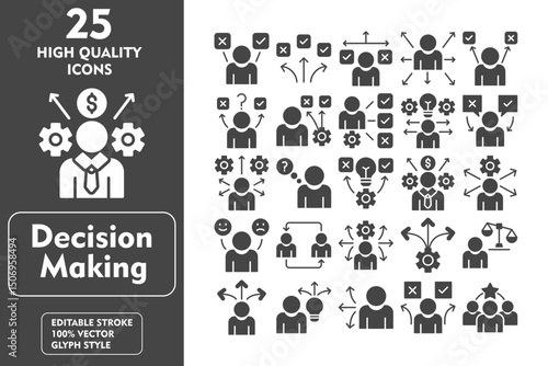 Decision Making Glyph Icon Set. Incleded Icons Decision Making, Reasonable, Flexibility, Feasibility, Direction, Uncertainty, Career choice, Decision. Vector Icons Collection