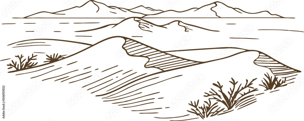 Fototapeta premium minimalist desert landscape sketch with sand dunes and mountains in the background