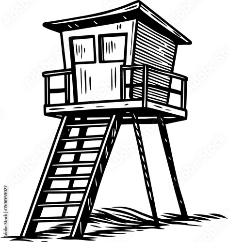 iconic lifeguard tower monochrome illustration, safety on beach coastal rescue station, seaside architecture