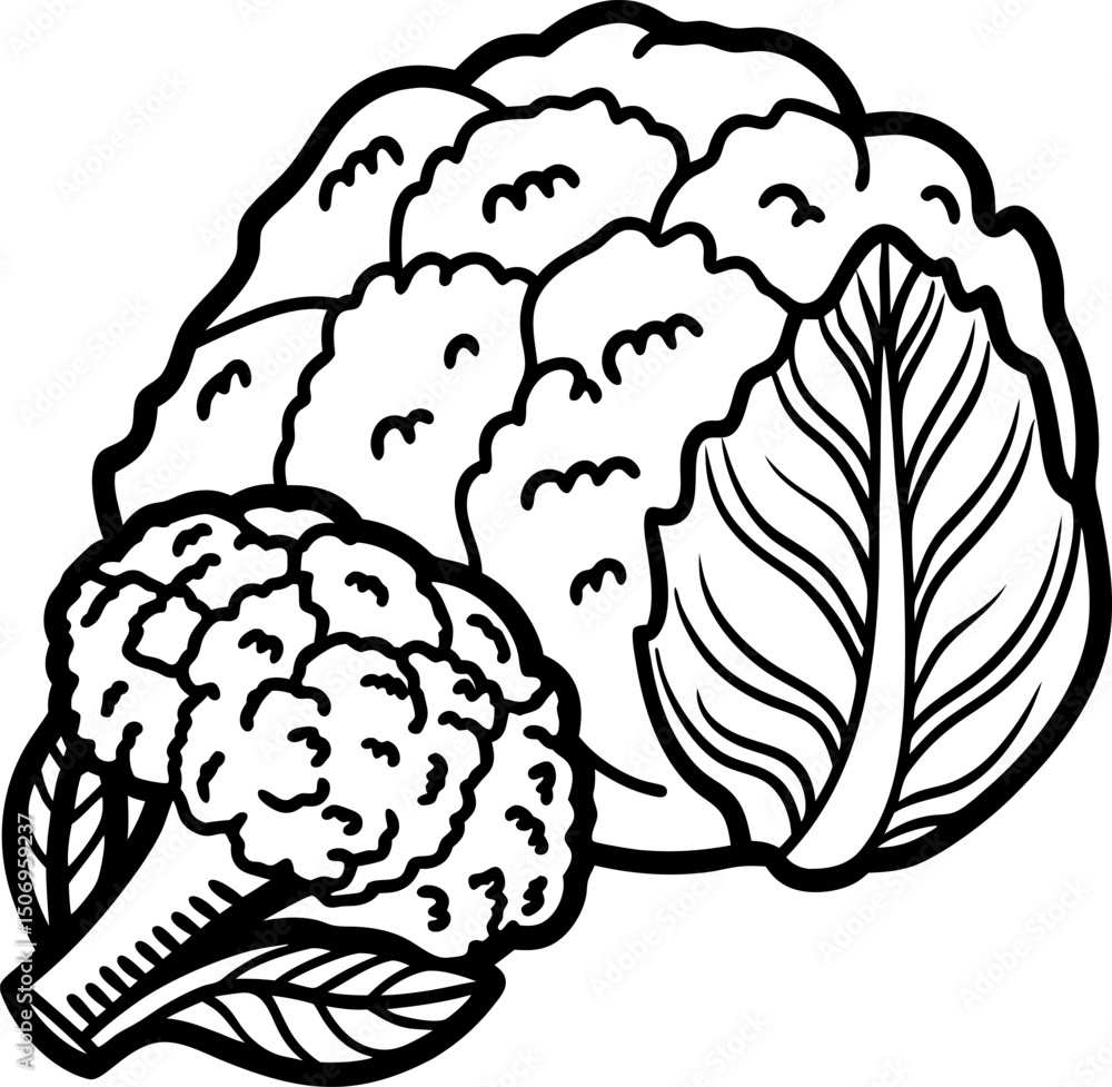 Fototapeta premium black and white illustration of cabbage and broccoli detailed vegetable sketch for culinary art