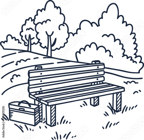 Tranquil park bench scene with trees and picnic basket in peaceful landscape illustration