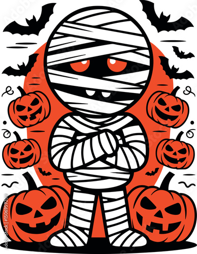 Cute mummy cartoon character with pumpkins and bats