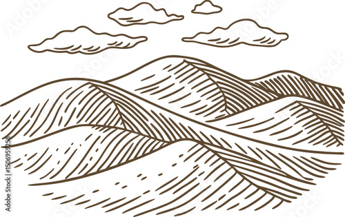 sketch of rolling hills with fluffy clouds nature, countryside scenery in monochrome illustration