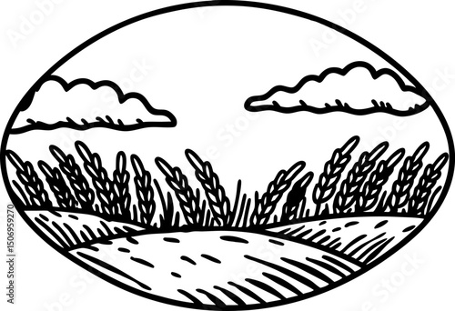 Black and white wheat field illustration with clouds in an oval frame