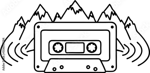 Cassette tape with mountain backdrop symbolizing music and nature