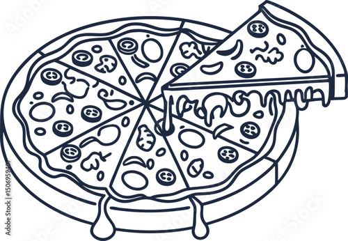 cheese pizza with one slice lifted thin crust, pepperoni, mushrooms, delicious italian food illustration