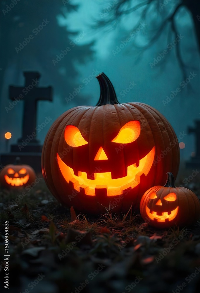 spooky pumpkin with glowing eyes sitting in the middle of a corn maze on a dark Halloween night. spooky pumpkin with glowing eyes sitting in the middle of a corn maze on a dark Halloween night.