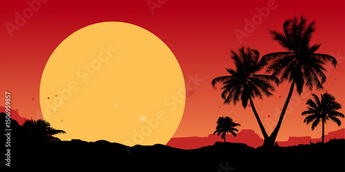 tropical sunset beach landscape with palm trees – background, banner, vector illustration