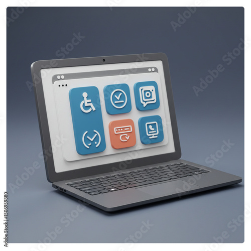 Laptop with accessibility icons, representing inclusive tech