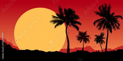 tropical sunset beach landscape with palm trees – background, banner, vector illustration