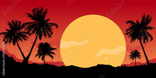 tropical sunset beach landscape with palm trees – background, banner, vector illustration