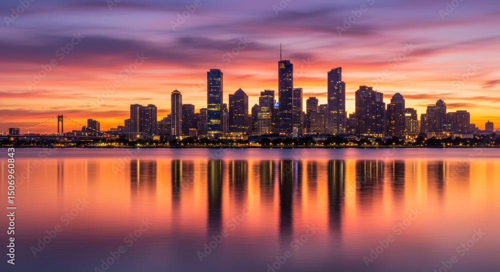 City Skyline at Sunset Reflection City Skyline at Sunset Reflection