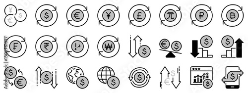 Icons in two tones about currency exchange