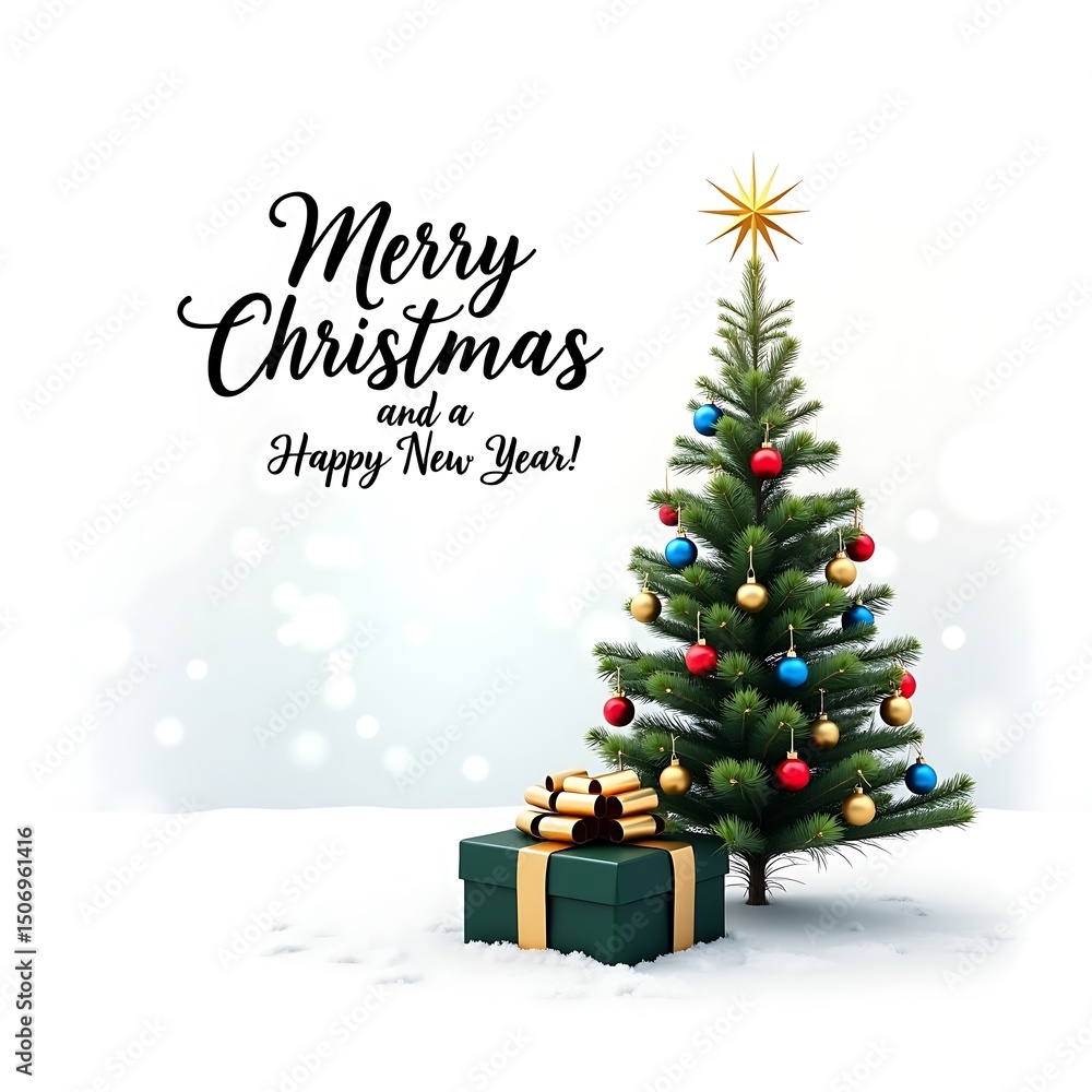 Naklejka premium Merry Christmas and Happy New Year! typography, Festive Christmas Tree and Gift background