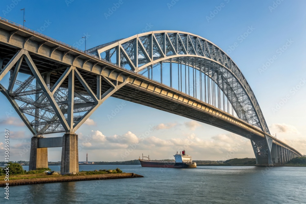 Impressive steel arch bridge over calm waterway Impressive steel arch bridge over calm waterway