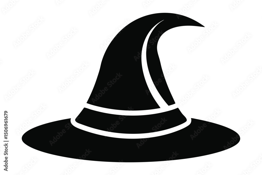 Fototapeta premium Black Silhouette of a Classic Witch Hat with a Curved Point and Brim