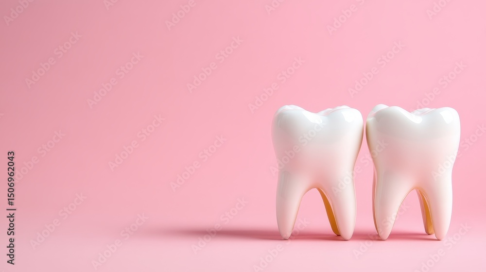 A playful representation of two white cartoon-like teeth sits on a soft pink background, emphasizing dental health and care, evoking a sense of whimsy and fun. A playful representation of two white cartoon-like teeth sits on a soft pink background, emphasizing dental health and care, evoking a sense of whimsy and fun.