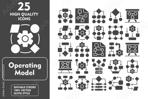 Operating Model Glyph Icon Set. Incleded Icons Flowchart, Algorithm, Workflow, Structure, Diagram, Cogwheel, Protocol, Decision making, Programming process. Vector Icons Collection