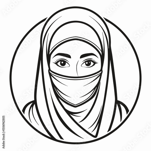 Woman in hijab black and white line art islamic muslim culture icon.