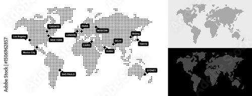 Set of Dotted World Map with All Continents and Largest Cities, Halftone and Circles Pixel Design, Ideal for Web, Business, and Infographics, Cloud, Network and AI Technology Vector Background