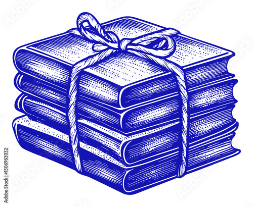 Vintage Engraving of Stacked Books Tied with Rope in Linocut Style